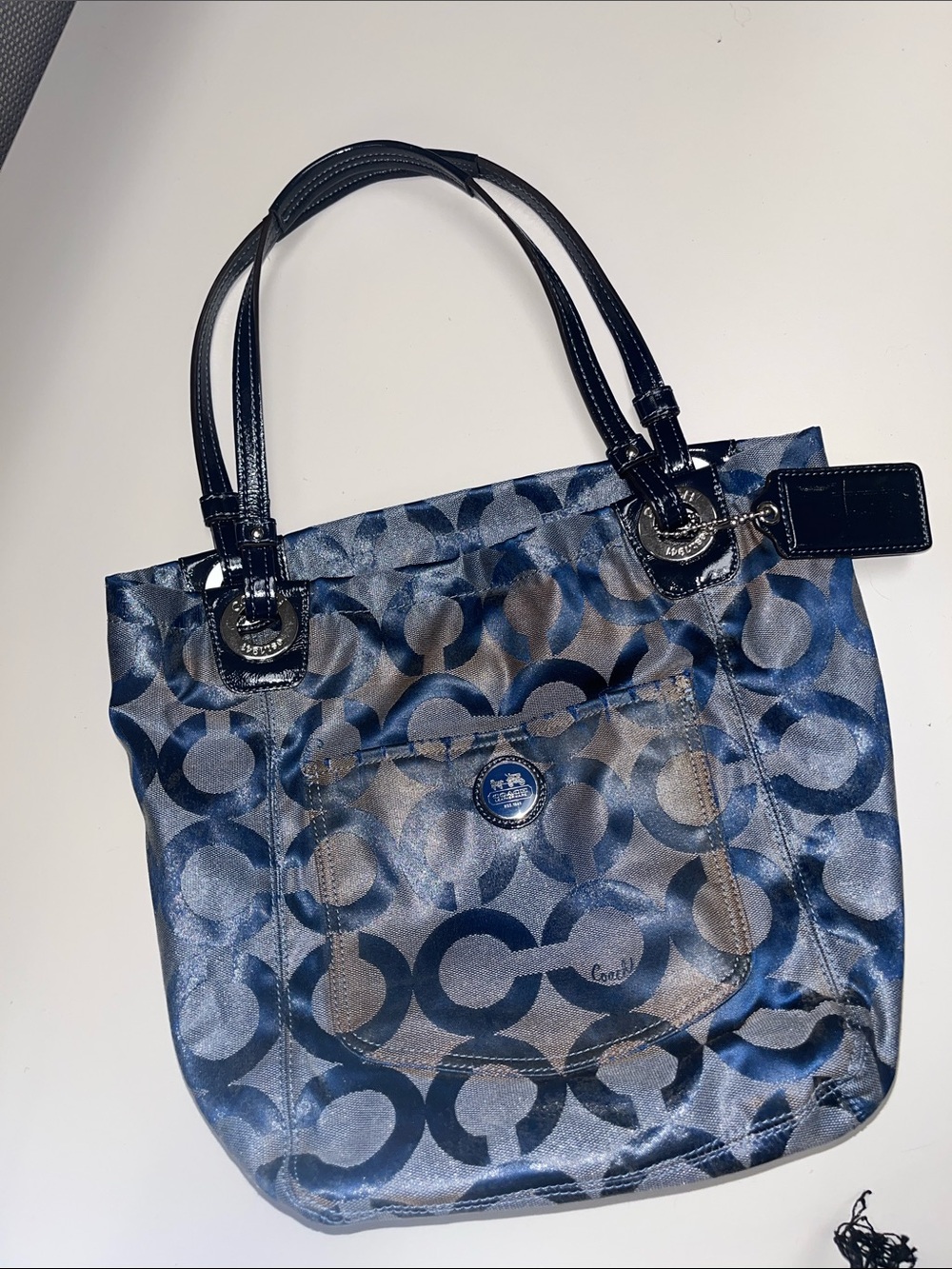 Coach Navy and Silver Signature Satin Tote / condition issue